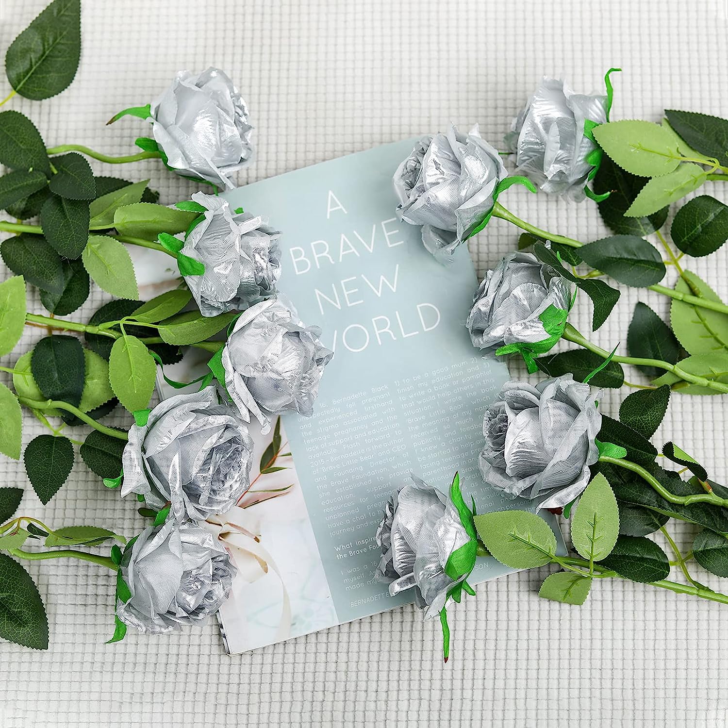 Dried Flower Bunch - Artificial Silver Long Stem Rose for